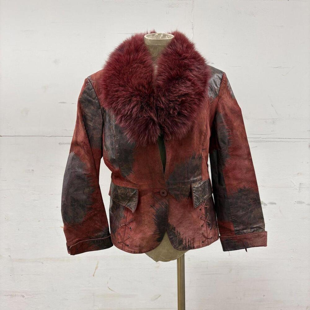 Y2K Vintage Red Patchwork Suede Moto Jacket with Fox Fur Collar